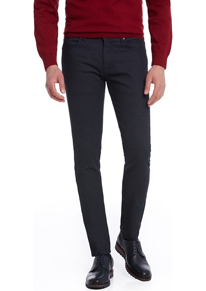 Lacivert Slim Fit Desenli Pamuklu 5 Cep Kanvas Pantolon