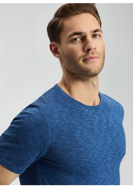Bisiklet Yaka Saf Pamuk Koyu Mavi Triko T-Shirt