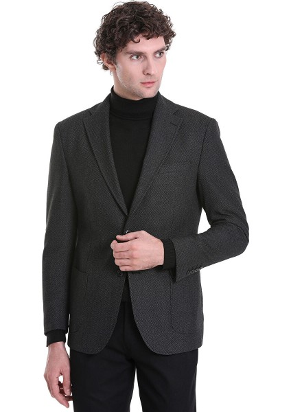 Siyah Comfort Fit Desenli Mono Yaka Klasik Ceket