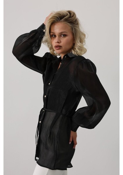 Belden Bağlamalı Uzun Kol Gömlek - Siyah modelleri