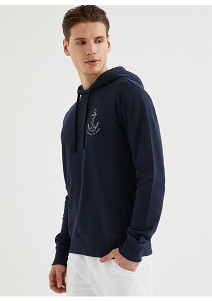 Lacivert Baskılı Kapüşonlu Pamuklu Regular Fit Erkek Sweatshirt Anchor Hoodıe