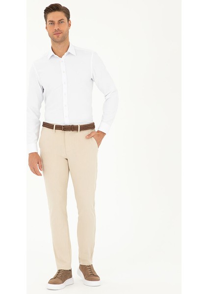 Bej Slim Fit Kanvas Çizgili Pantolon