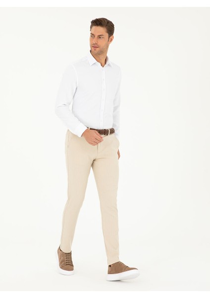 Bej Slim Fit Kanvas Çizgili Pantolon modelleri