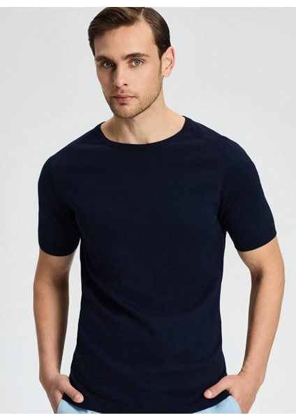 Bisiklet Yaka Lacivert Giza Pamuk Triko T-Shirt