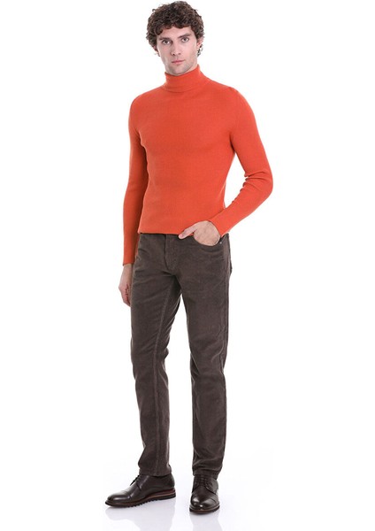 Turuncu Slim Fit Fitilli Balıkçı Yaka Yünlü Triko Kazak fiyatları