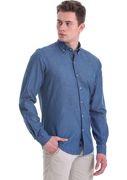 Lacivert Comfort Fit Düz 100% Pamuklu Düğmeli Yaka Uzun Kollu Klasik Gömlek modelleri