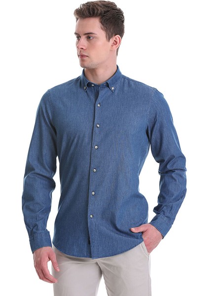 Lacivert Comfort Fit Düz 100% Pamuklu Düğmeli Yaka Uzun Kollu Klasik Gömlek fırsatları
