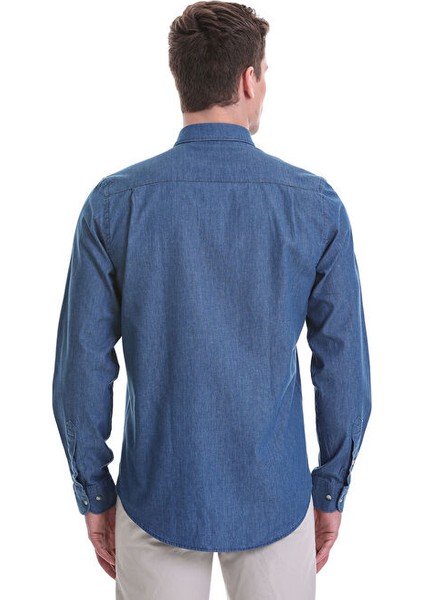 Lacivert Comfort Fit Düz 100% Pamuklu Düğmeli Yaka Uzun Kollu Klasik Gömlek