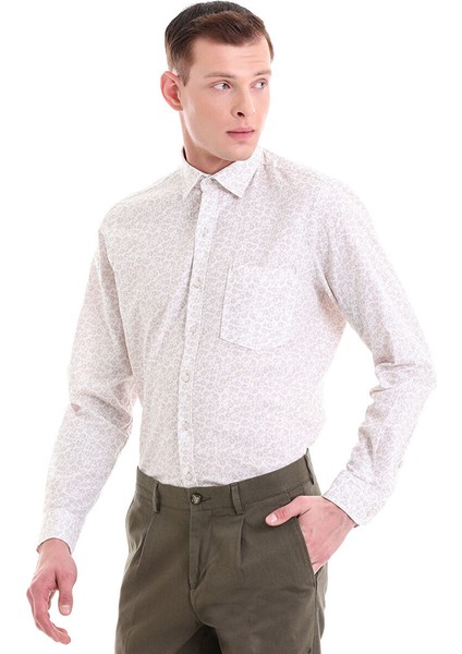 Bej Comfort Fit Baskılı 100% Pamuklu Slim Yaka Uzun Kollu Klasik Gömlek modelleri