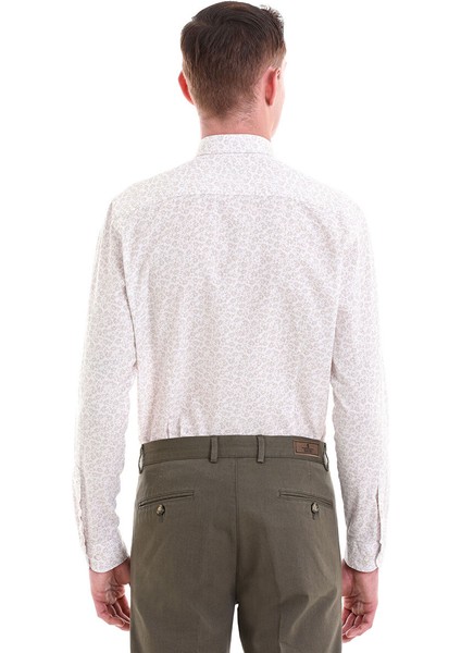 Bej Comfort Fit Baskılı 100% Pamuklu Slim Yaka Uzun Kollu Klasik Gömlek