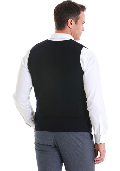 Lacivert Regular Fit Düz Kruvaze Triko Yelek