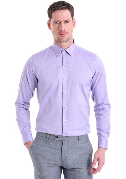 Mor Comfort Fit Düz 100% Pamuk Düğmeli Yaka Uzun Kollu Casual Gömlek