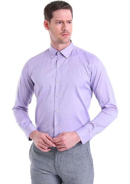 Mor Comfort Fit Düz 100% Pamuk Düğmeli Yaka Uzun Kollu Casual Gömlek fiyatları