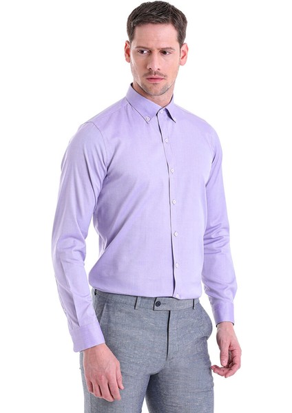 Mor Comfort Fit Düz 100% Pamuk Düğmeli Yaka Uzun Kollu Casual Gömlek modelleri