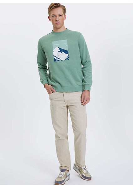 Yeşil Baskılı Bisiklet Yaka Pamuklu Regular Fit Erkek Sweatshirt Wmwınter Mountaın