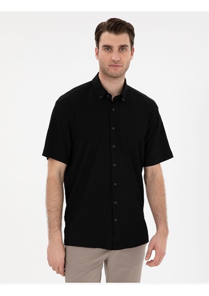 Siyah Comfort Fit Rahat Giyilebilir Kısa Kollu Gömlek