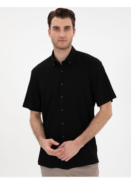 Siyah Comfort Fit Rahat Giyilebilir Kısa Kollu Gömlek modelleri
