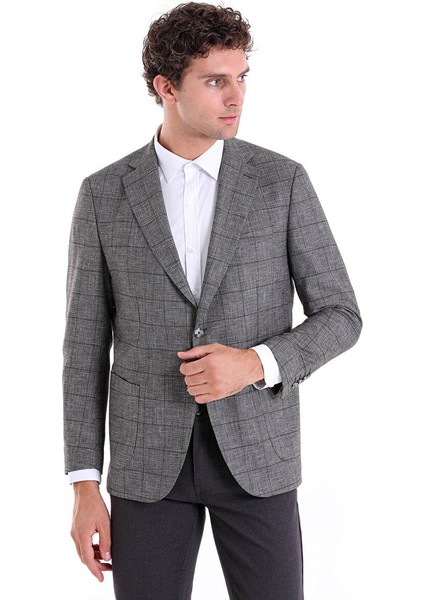 Gri Slim Fit Kareli Mono Yaka Keten Ceket