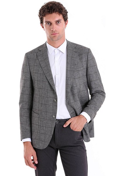 Gri Slim Fit Kareli Mono Yaka Keten Ceket