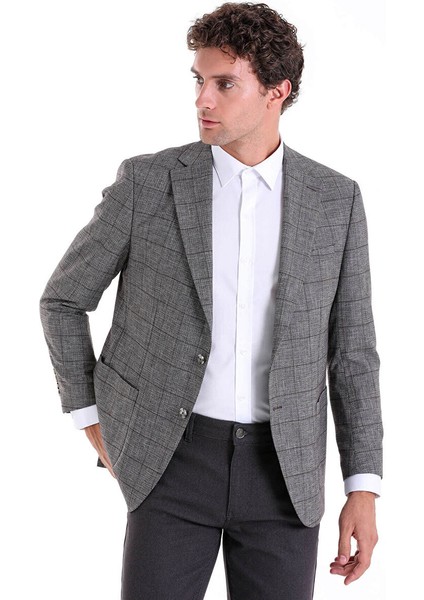 Gri Slim Fit Kareli Mono Yaka Keten Ceket