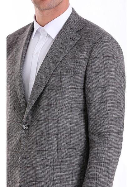 Gri Slim Fit Kareli Mono Yaka Keten Ceket