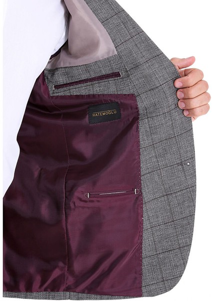 Gri Slim Fit Kareli Mono Yaka Keten Ceket