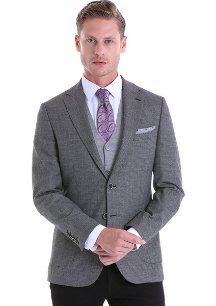 Siyah Slim Fit Desenli Mono Yaka Casual Ceket