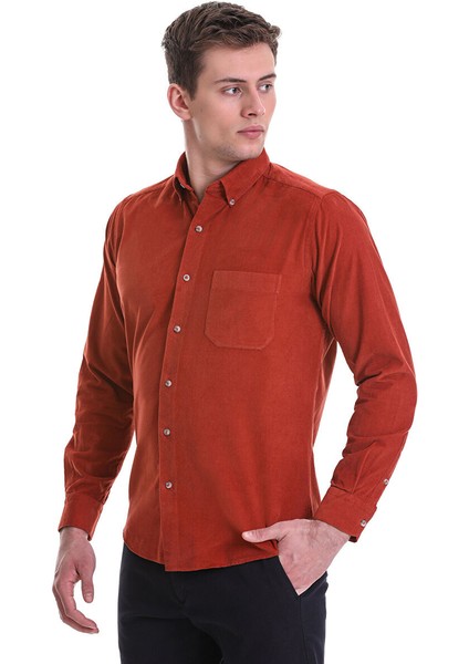 Kiremit Slim Fit 100% Pamuklu Düğmeli Yaka Uzun Kollu Klasik Gömlek fırsatları