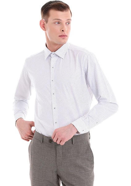 Lacivert Slim Fit Baskılı Pamuklu Slim Yaka Uzun Kollu Klasik Gömlek indirimleri