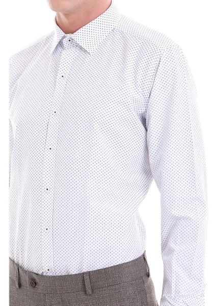 Lacivert Slim Fit Baskılı Pamuklu Slim Yaka Uzun Kollu Klasik Gömlek