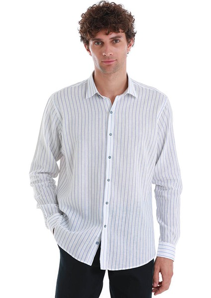Mavi Comfort Fit Çizgili Slim Yaka Uzun Kollu Keten Gömlek