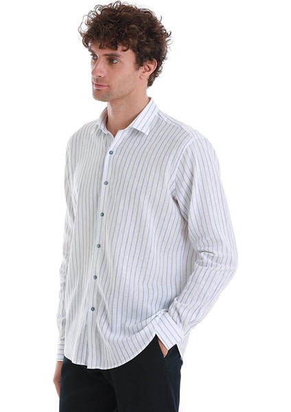 Mavi Comfort Fit Çizgili Slim Yaka Uzun Kollu Keten Gömlek modelleri