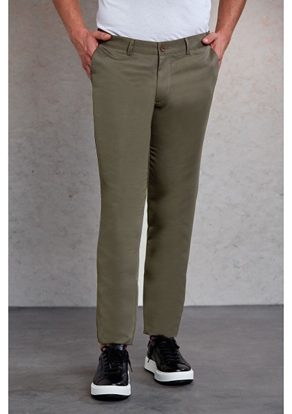 Haki Slim Fit Desenli Yandan Cep Kanvas Pantolon