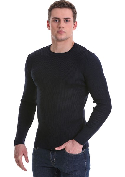 Lacivert Slim Fit Fitilli Bisiklet Yaka Yünlü Triko Kazak