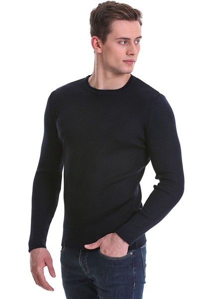 Lacivert Slim Fit Fitilli Bisiklet Yaka Yünlü Triko Kazak fırsatları