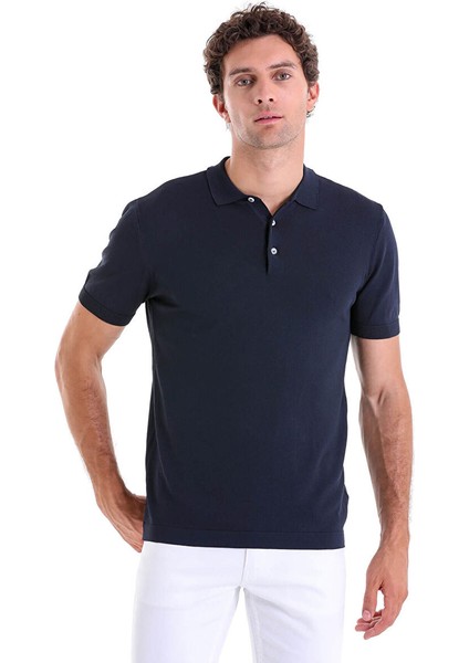 Lacivert Regular Fit Düz Polo Yaka Rayon Triko Tişört