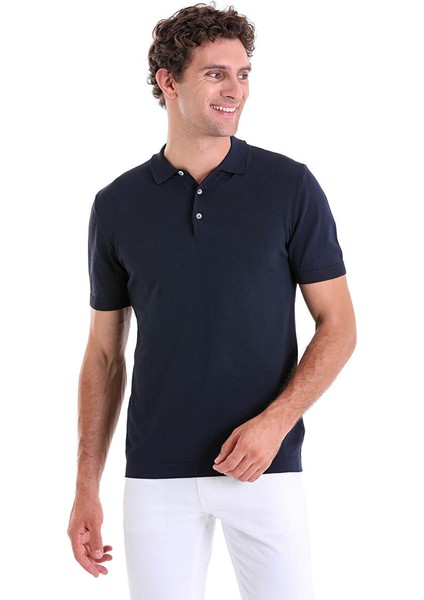 Lacivert Regular Fit Düz Polo Yaka Rayon Triko Tişört