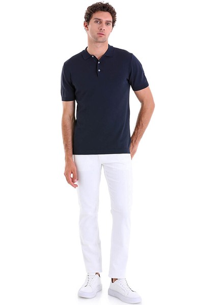 Lacivert Regular Fit Düz Polo Yaka Rayon Triko Tişört
