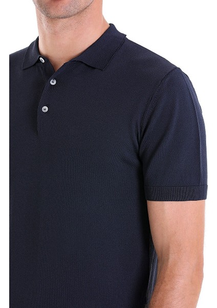 Lacivert Regular Fit Düz Polo Yaka Rayon Triko Tişört
