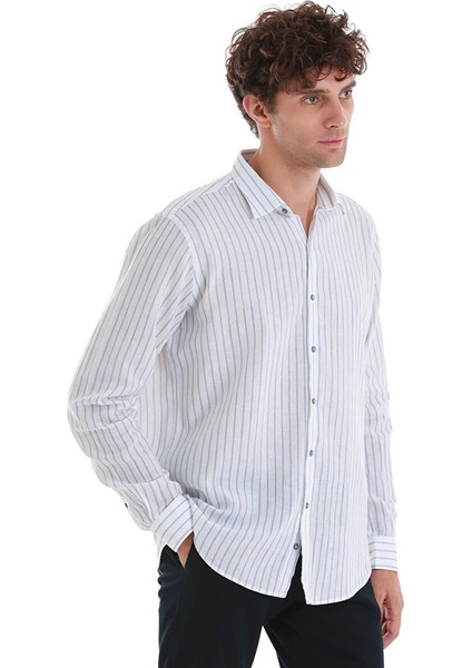 Mavi Comfort Fit Çizgili Slim Yaka Uzun Kollu Keten Gömlek fırsatları