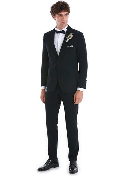 Lacivert Slim Fit Düz Çıkma Şal Yaka Damatlık