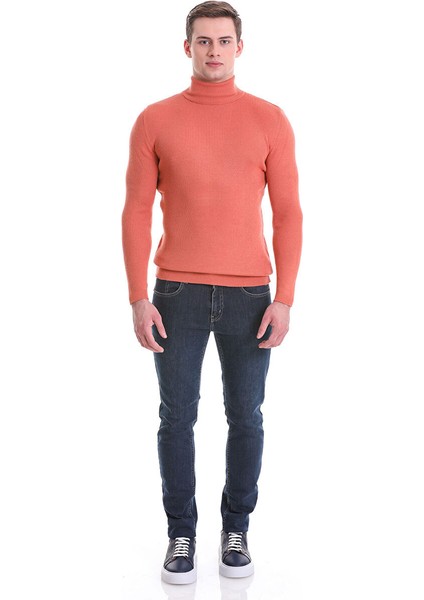 Pembe Slim Fit Fitilli Balıkçı Yaka Yünlü Triko Kazak