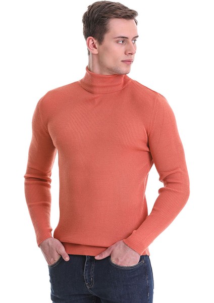 Pembe Slim Fit Fitilli Balıkçı Yaka Yünlü Triko Kazak