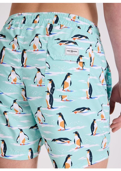 Mint Penguen Baskılı Regular Fit Erkek Deniz Şortu Wmanımal