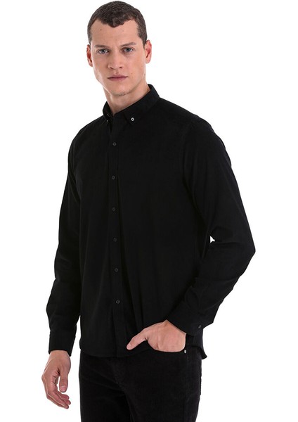 Siyah Comfort Fit Uzun Kol Fitilli Kadife Gömlek modelleri