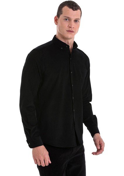 Siyah Comfort Fit Uzun Kol Fitilli Kadife Gömlek fırsatları