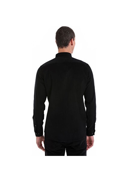 Siyah Comfort Fit Uzun Kol Fitilli Kadife Gömlek