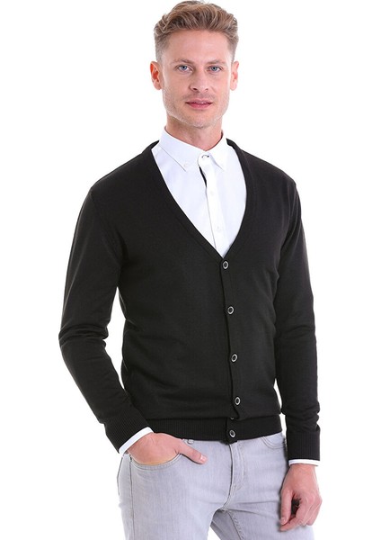 Siyah Comfort Fit Düz V Yaka Yünlü Triko Hırka