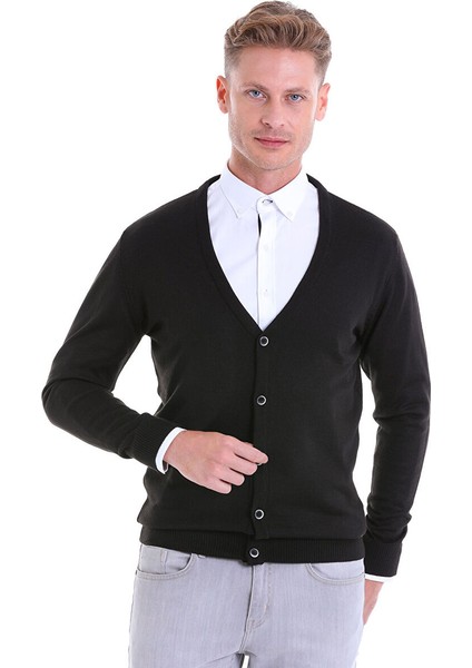 Siyah Comfort Fit Düz V Yaka Yünlü Triko Hırka fiyatları