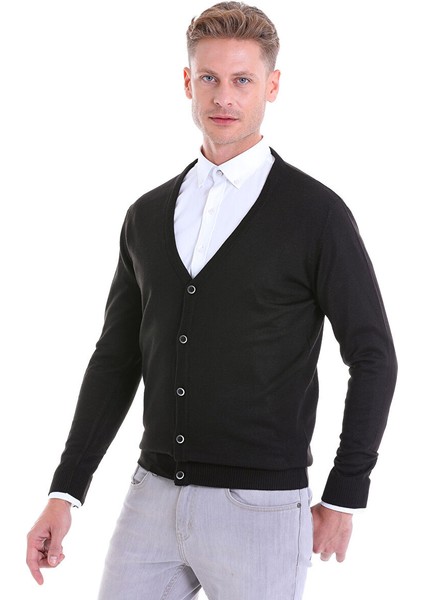 Siyah Comfort Fit Düz V Yaka Yünlü Triko Hırka modelleri